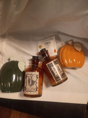 Autumn Ceramic Pumpkin & Amber Bottle Holiday Decor Set - Orange, Green